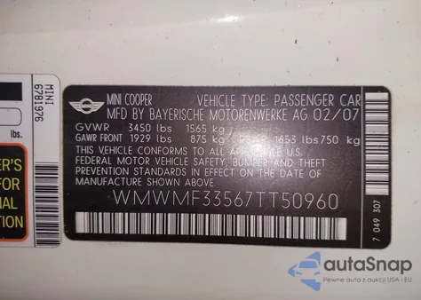 2007 Mini Cooper из США, поврежденный, VIN WMWMF33567TT50960